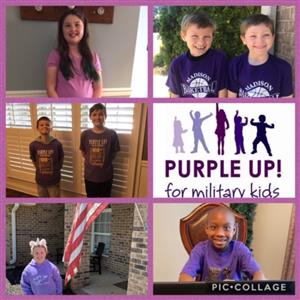 Montage of 6 pics of students in pairs promoting purple up for military kids campaign 